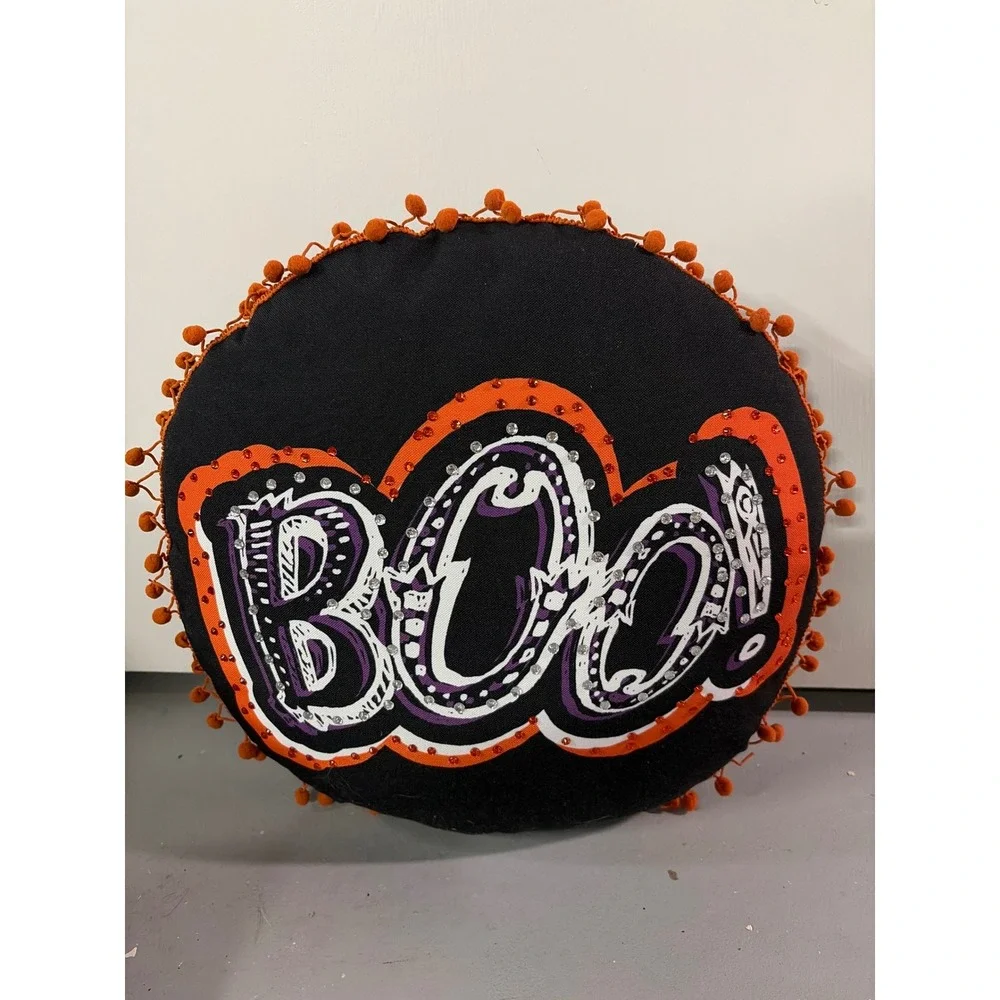 Halloween Boo Round Throw Pillow Black Orange Rhinestone Pom Pom Trim 15 Inch